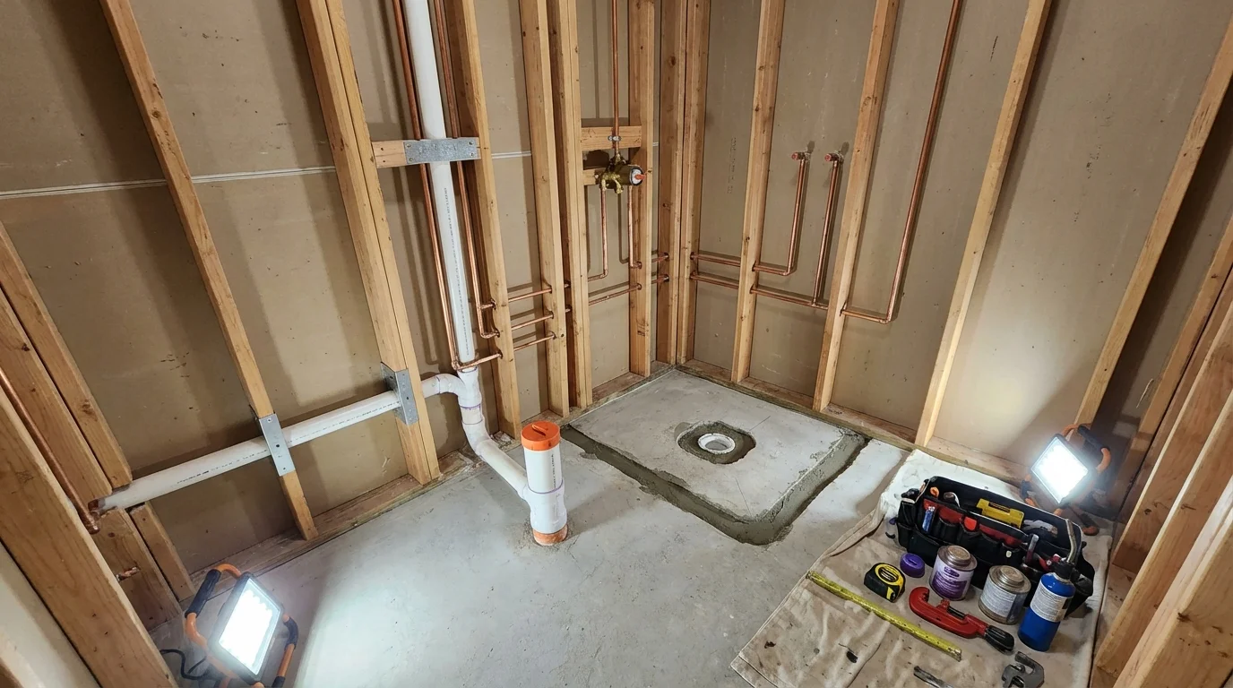 Bathroom rough-in plumbing during remodel by Johns Plumbing LLC in Mount Arlington