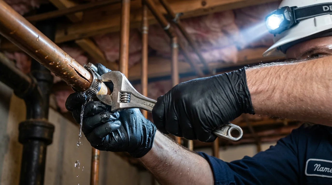 Emergency pipe clamp repair being performed by a Johns Plumbing LLC plumber in Mount Arlington
