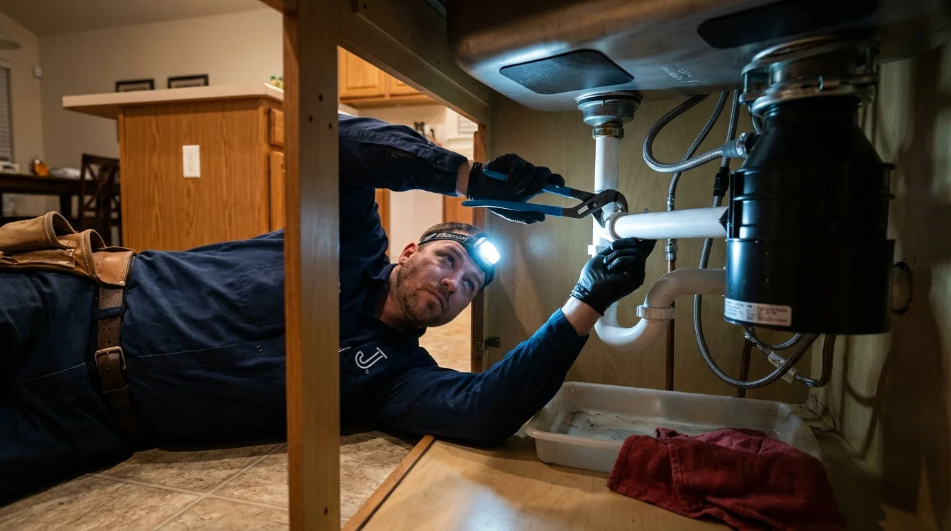 P-trap and supply line connections under a kitchen sink showing a common leak point in Mount Arlington, NJ